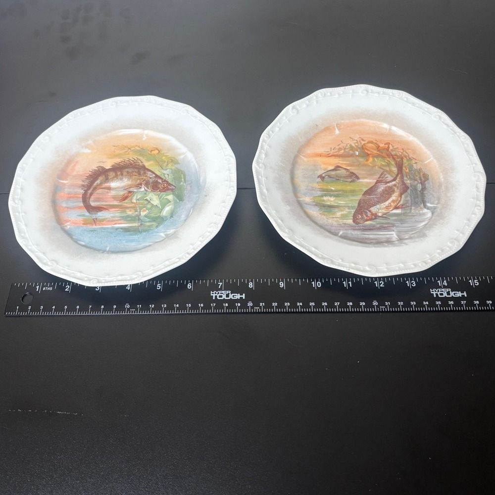 Limoges France L.R.L. Fish Plates Set of 2 Scalloped Porcelain Decor 7.5"